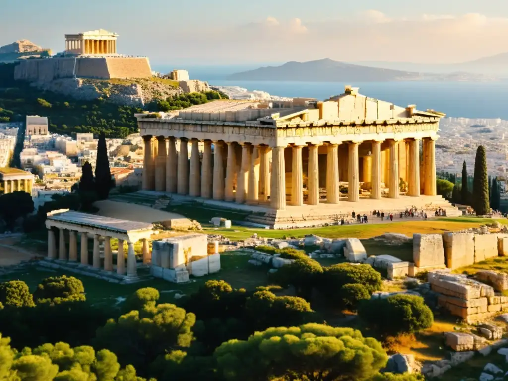 Majestuosa vista de la antigua Acropolis en Atenas, Grecia, con el Parthenon bañado en luz dorada, evocando la historia de la filosofía occidental