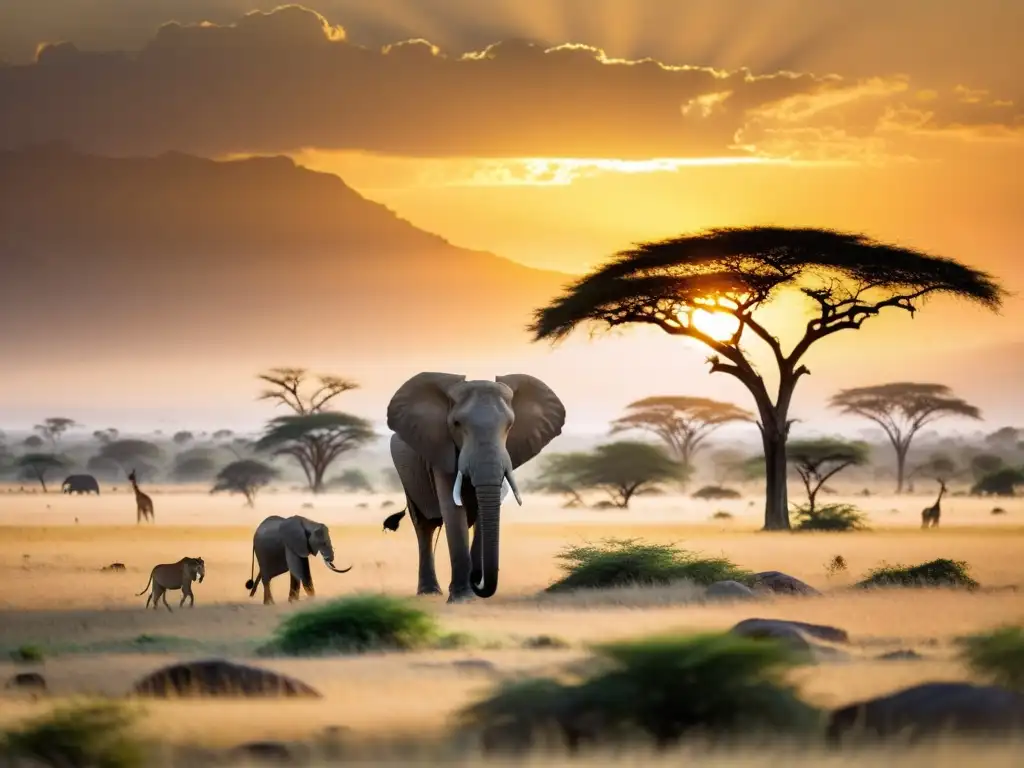 Una majestuosa vista de la sabana africana con elefantes, leones y jirafas, reflejando la filosofía de la conservación en África
