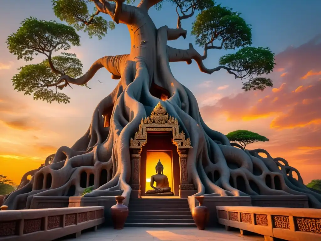 Un majestuoso árbol Bodhi se alza contra un atardecer vibrante, con grabados de las enseñanzas de Buda