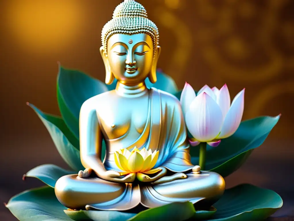 Buda dorado en loto: serenidad y majestuosidad Un majestuoso Buda dorado se sienta en una flor de loto, irradiando tranquilidad y espiritualidad