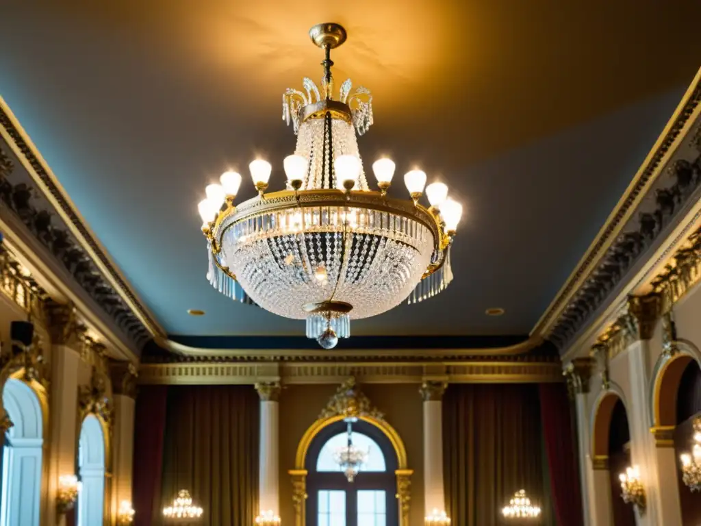 Un majestuoso candelabro ilumina un lujoso salón de conciertos, evocando la influencia del Iluminismo en la música clásica