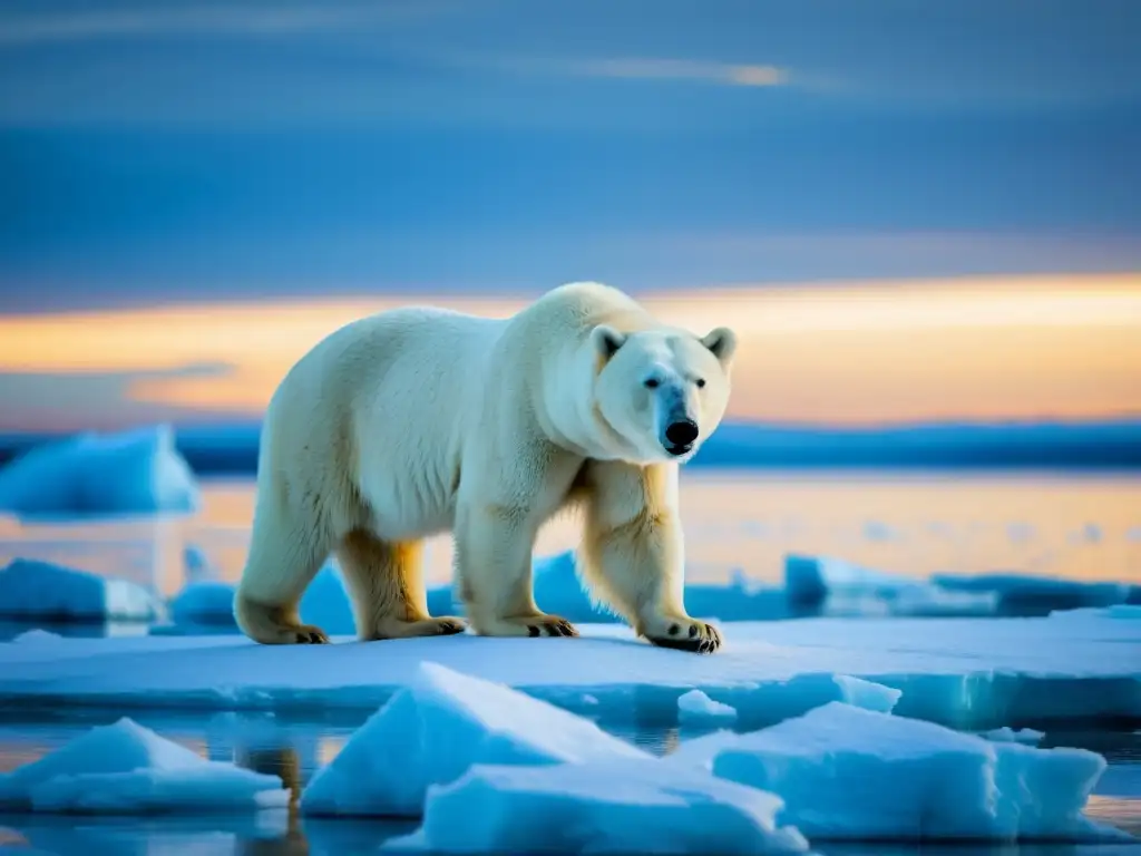 Un majestuoso oso polar de pie en el hielo ártico, iluminado por el sol poniente