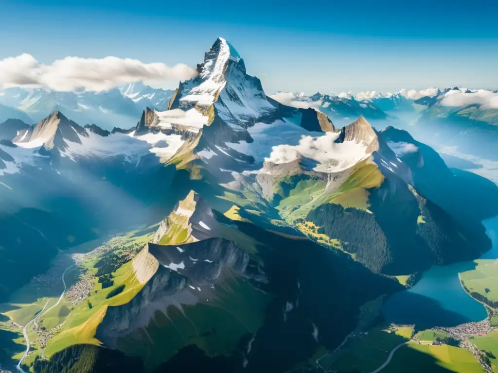 Un majestuoso paisaje de los Alpes Suizos, con picos nevados que se elevan hacia las nubes y valles profundos