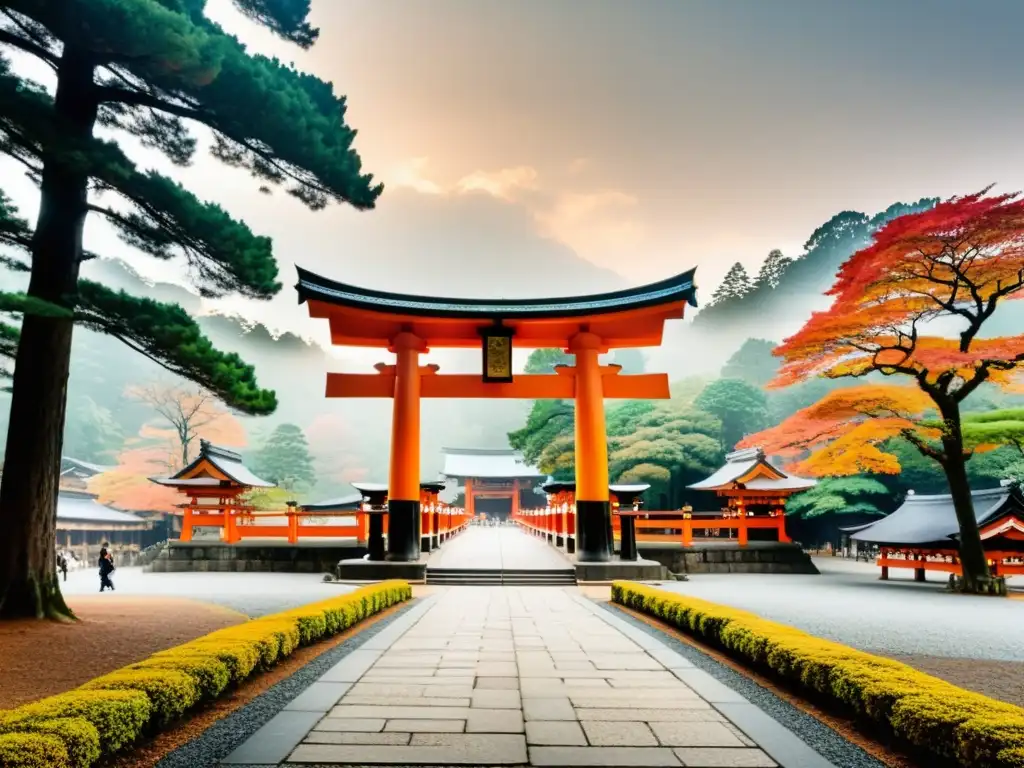 Un majestuoso paisaje del santuario Izumo Taisha en Japón, con un imponente torii y hojas otoñales