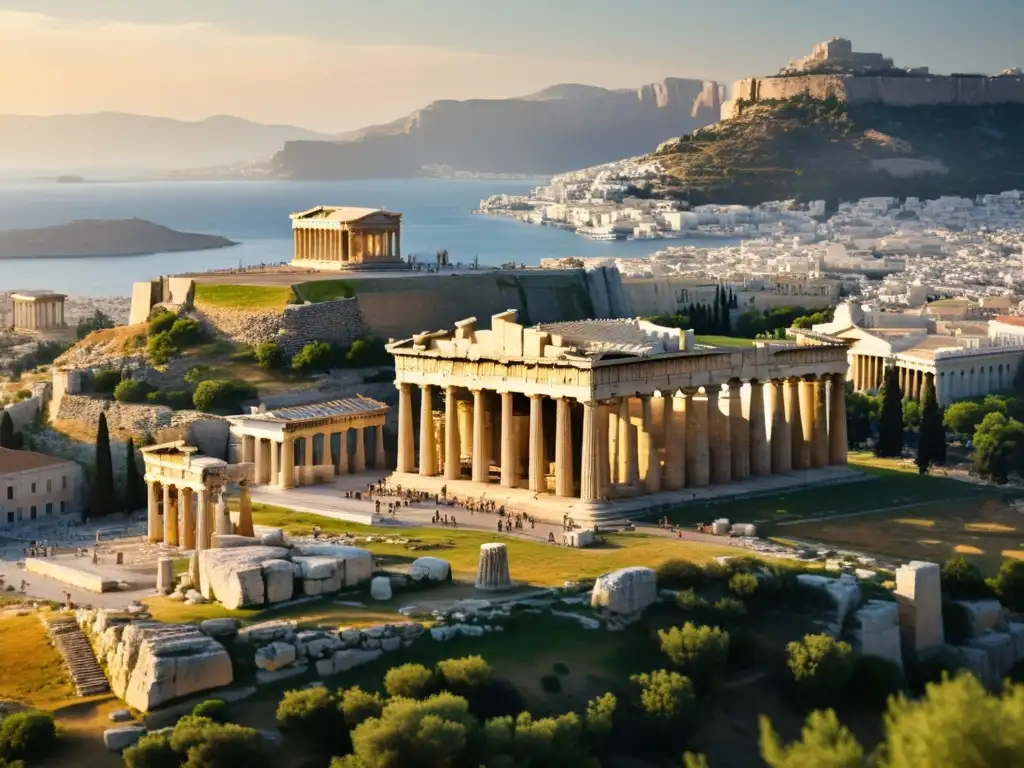 El majestuoso Partenón en Atenas, Grecia, con una vista panorámica que muestra la comparación entre la filosofía griega y el pensamiento oriental