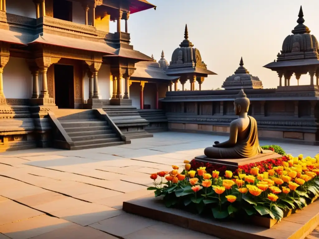 Un majestuoso patio tranquilo del templo jainista, con intrincadas tallas de piedra y ofrendas florales, iluminado por el amanecer