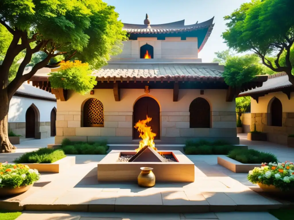 Un majestuoso templo zoroastriano moderno, rodeado de exuberantes jardines y un fuego sagrado en una hermosa brasería