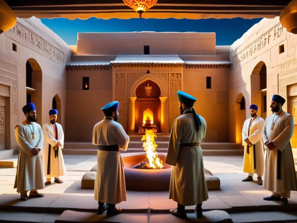 Majestuoso templo zoroástrico con sacerdotes en ceremonia, iluminado por la antigua sabiduría persa zoroastrismo