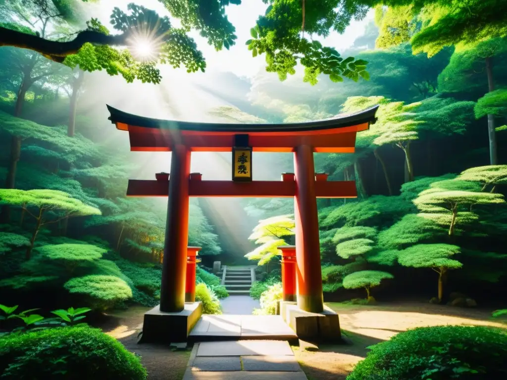 Un majestuoso torii japonés se alza en un exuberante bosque, bañado por la cálida luz del sol