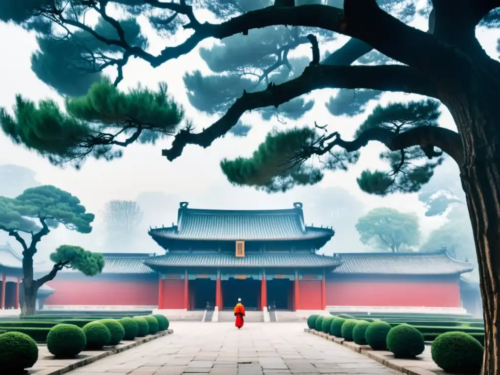Mañana serena entre niebla en el Templo de Confucio en Qufu, China
