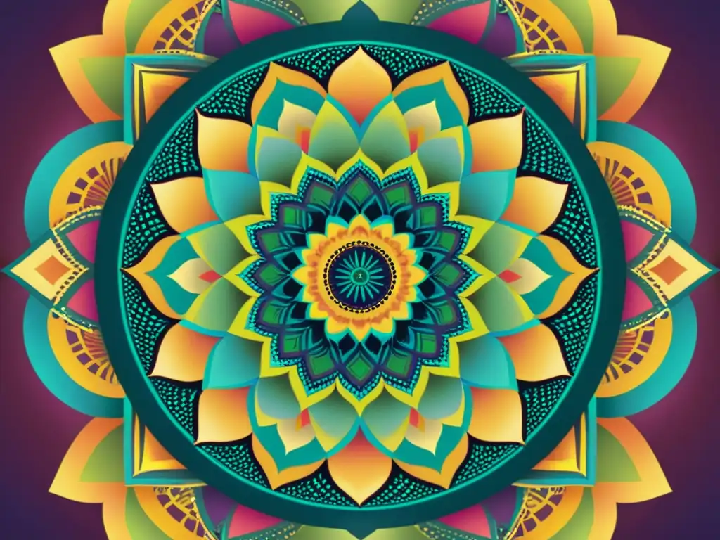 Un mandala central rodeado de formas geométricas simétricas, con una transición fluida de colores vibrantes