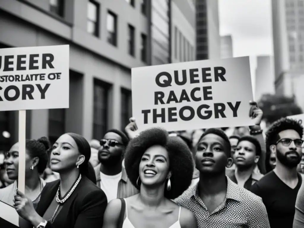 Manifestación diversa en la ciudad con consignas sobre teoría Queer, raza y clase, mostrando unidad y determinación por el cambio social