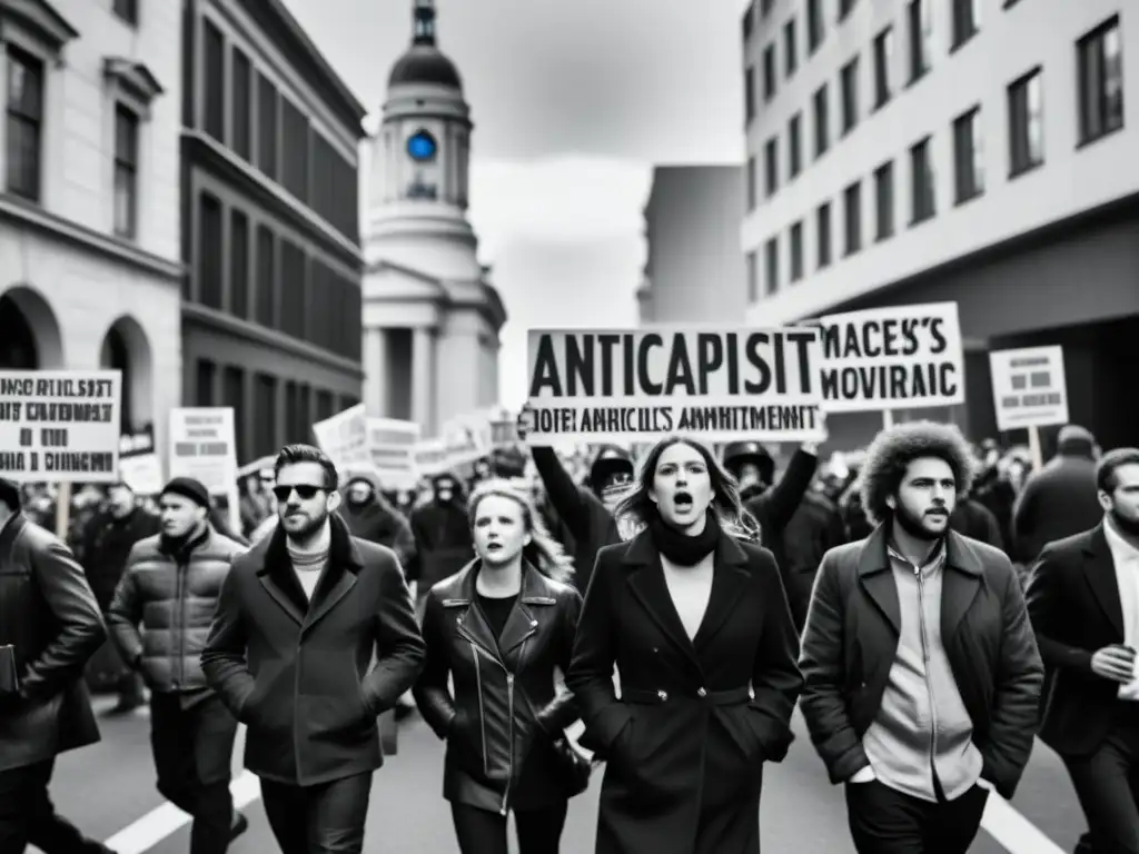 Manifestación de protesta anticapitalista con letreros, rostros determinados, enérgica y evocadora imagen documental del anarquismo en la ciudad