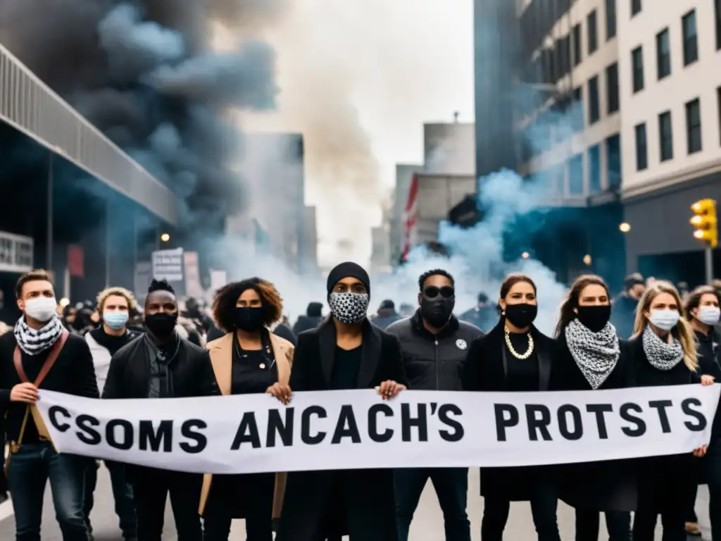 Manifestantes anarquistas en la calle, con rostros ocultos por bandanas y pancartas