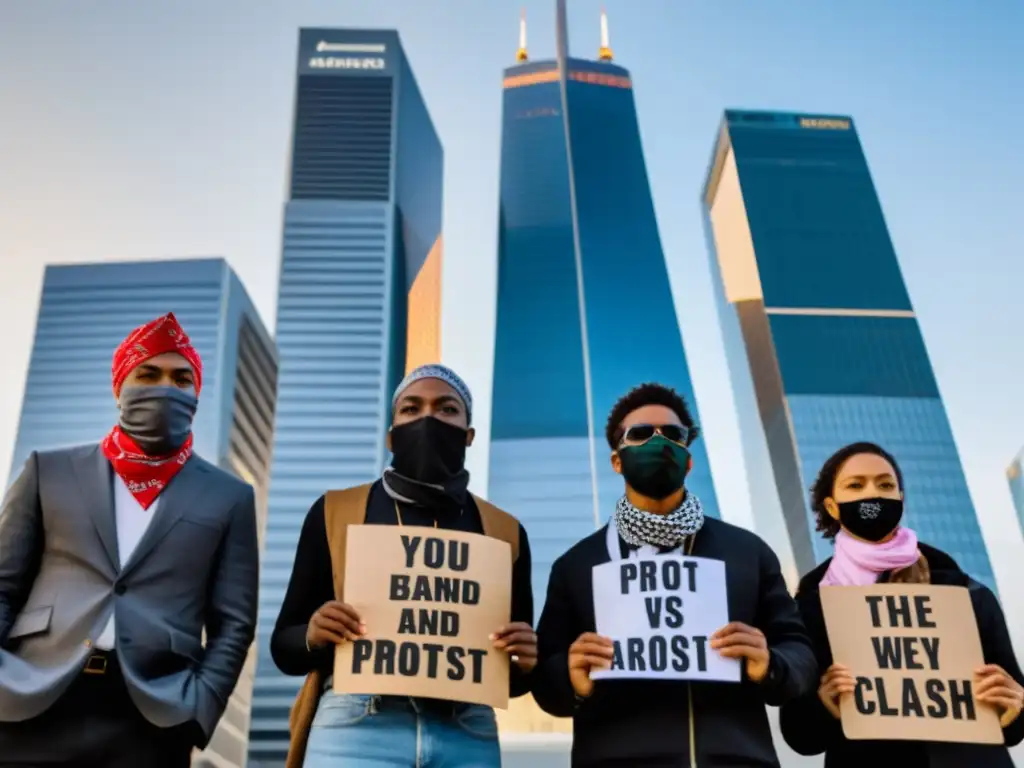 Manifestantes con bandanas y carteles frente a un rascacielos moderno