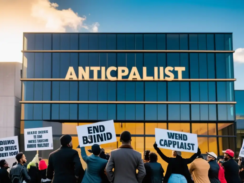 Manifestantes diversxs desafían el capitalismo frente a un imponente edificio corporativo al atardecer