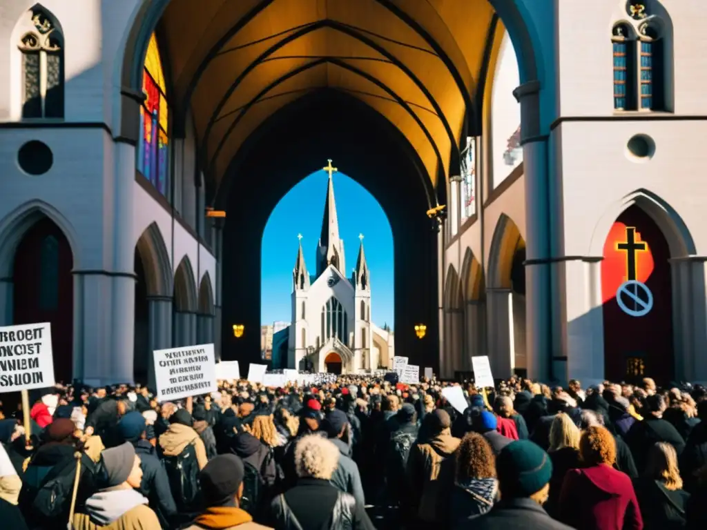 Manifestantes con símbolos anarquistas en la calle de una ciudad, contrastando con la imponente iglesia al fondo