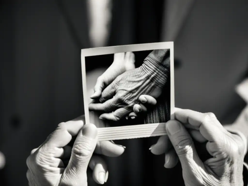 Una mano arrugada sostiene una fotografía en blanco y negro de una pareja abrazada, evocando la filosofía de la memoria en el cine