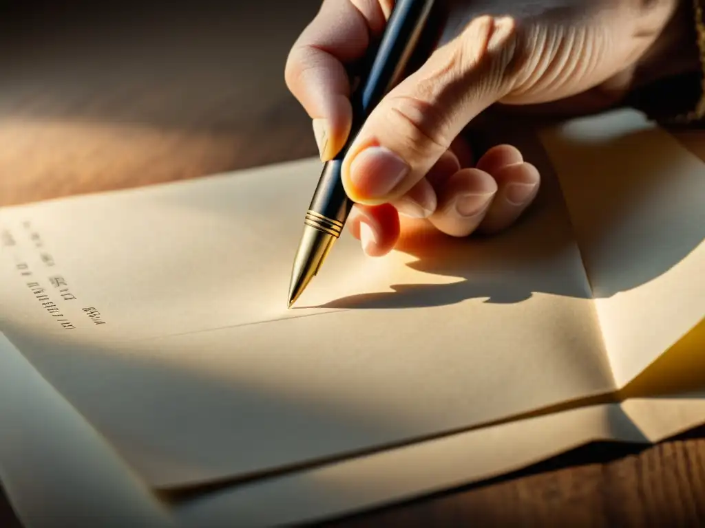 Una mano arrugada sostiene un elegante bolígrafo sobre un papel envejecido, evocando el poder de la palabra en filosofía