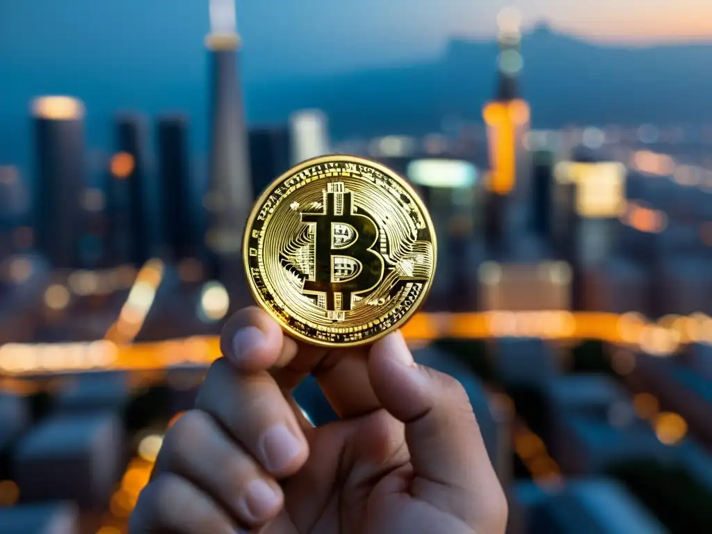 Una mano sostiene un bitcoin físico con la ciudad de fondo, simbolizando la filosofía del valor en criptoactivos