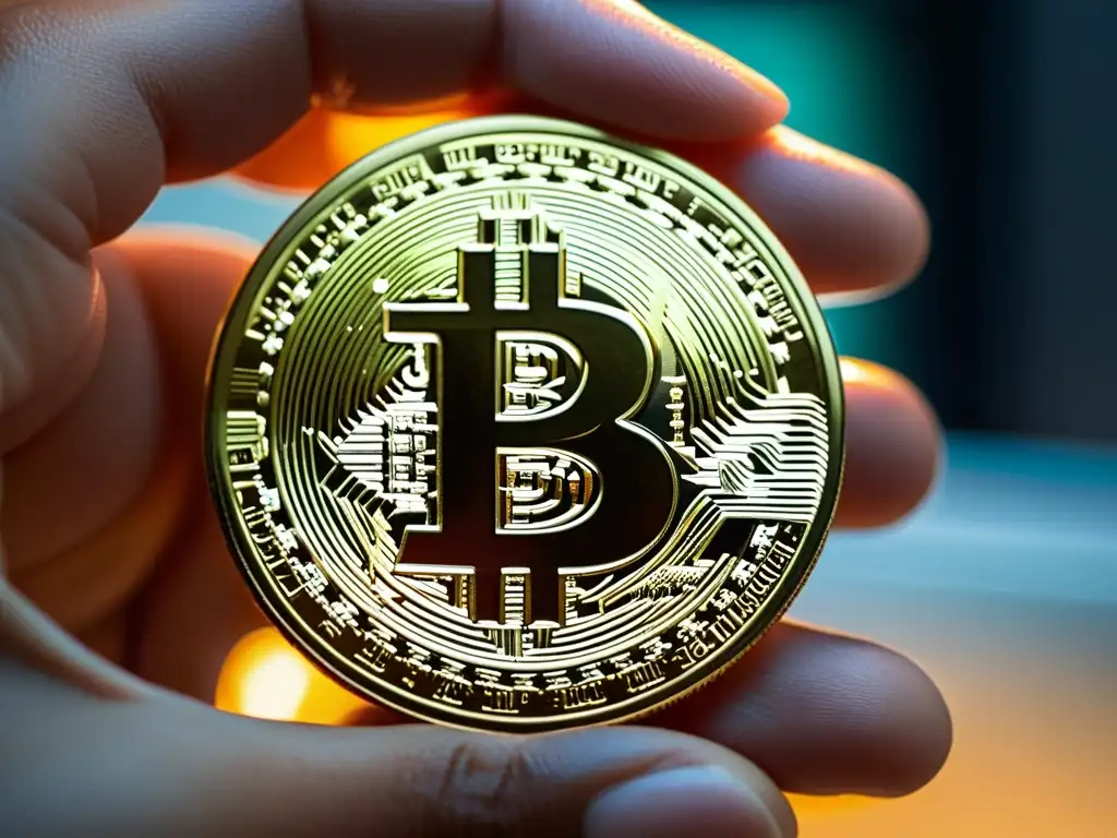 Una mano sostiene un bitcoin físico, destacando sus detalles