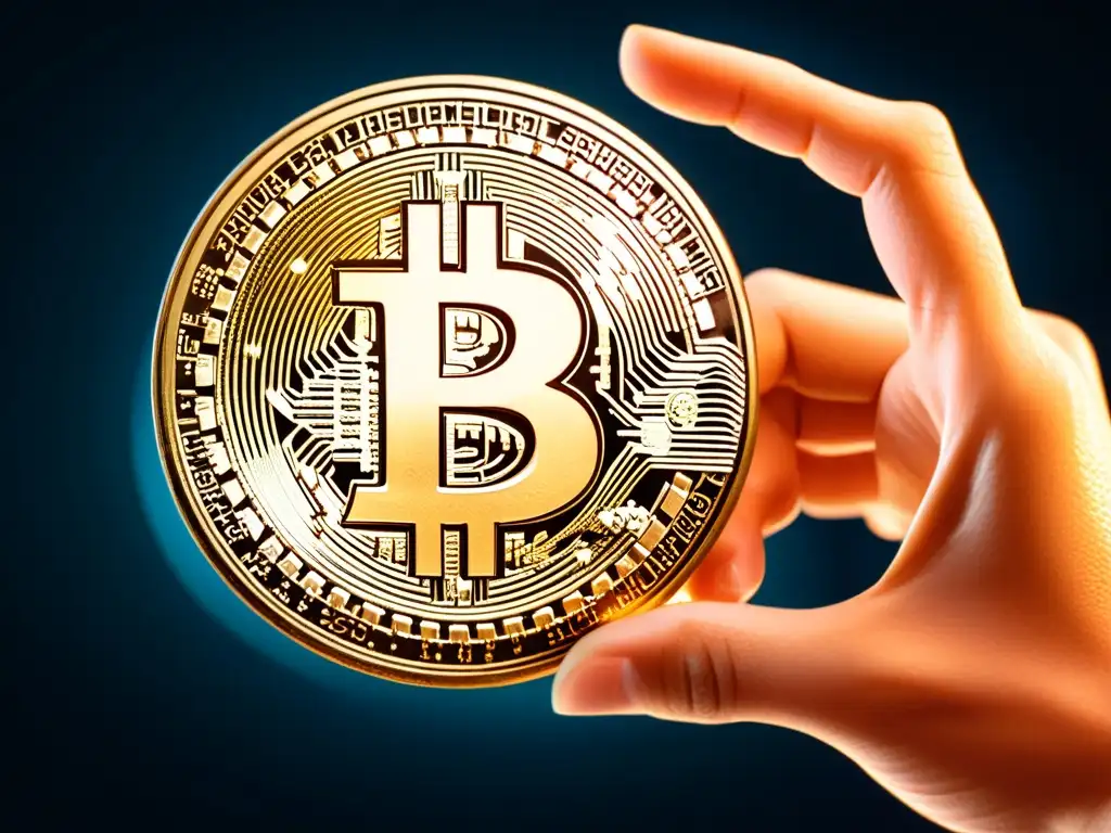 Una mano sostiene un bitcoin físico con detalles intrincados, sobre un fondo de código digital, simbolizando la revolución filosófica en criptomonedas