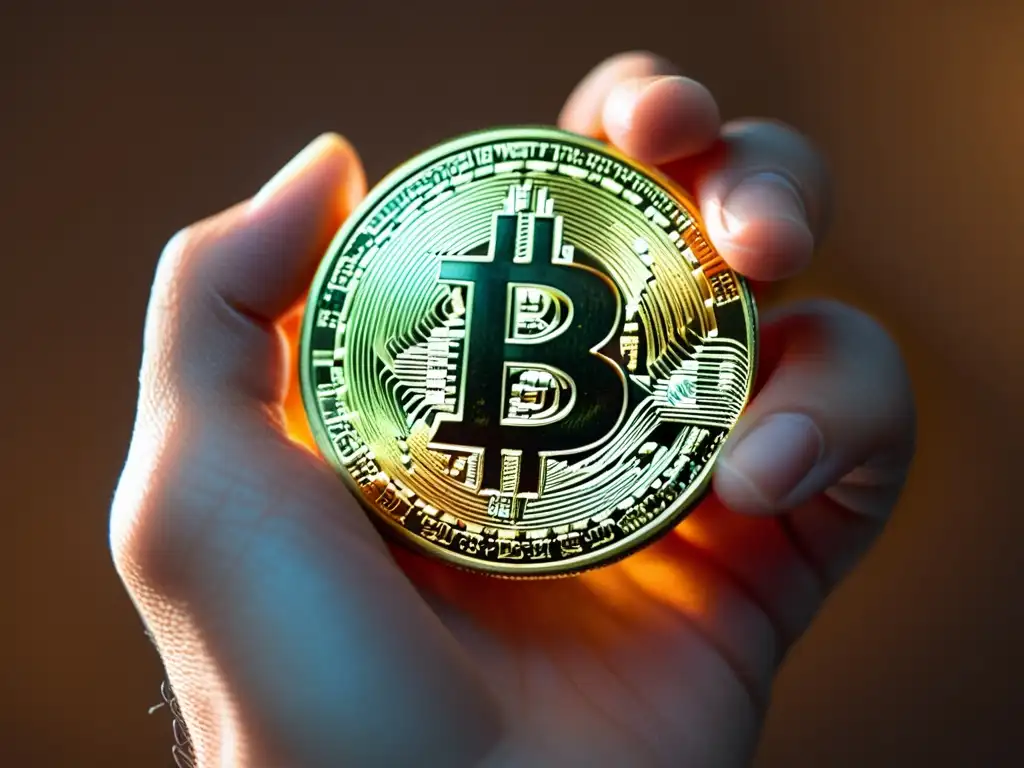 Una mano sostiene un bitcoin físico con expresión reflexiva