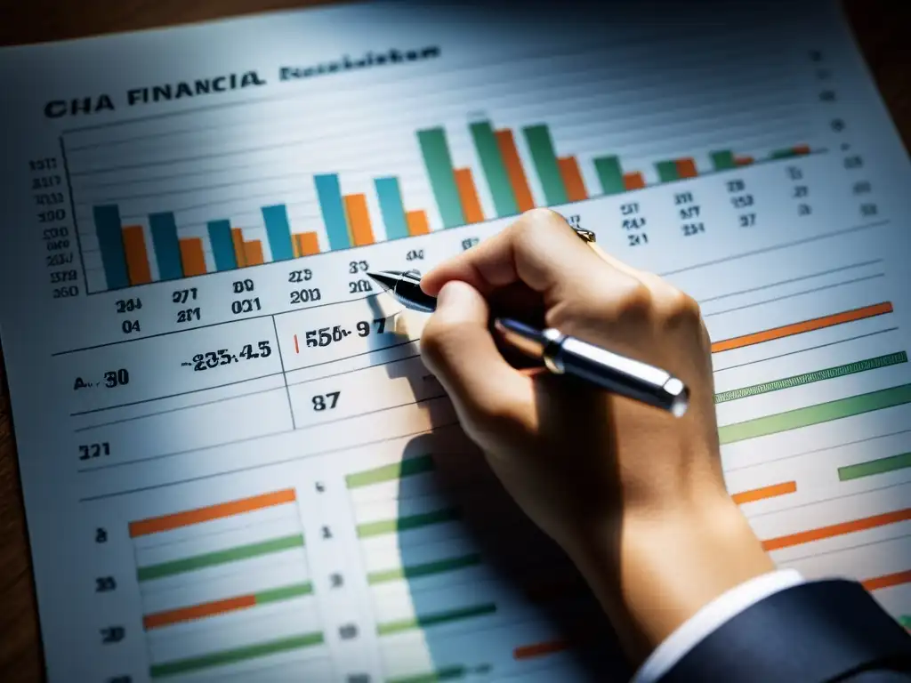 Una mano sostiene un bolígrafo sobre un gráfico financiero, expresando importancia e intuición en finanzas