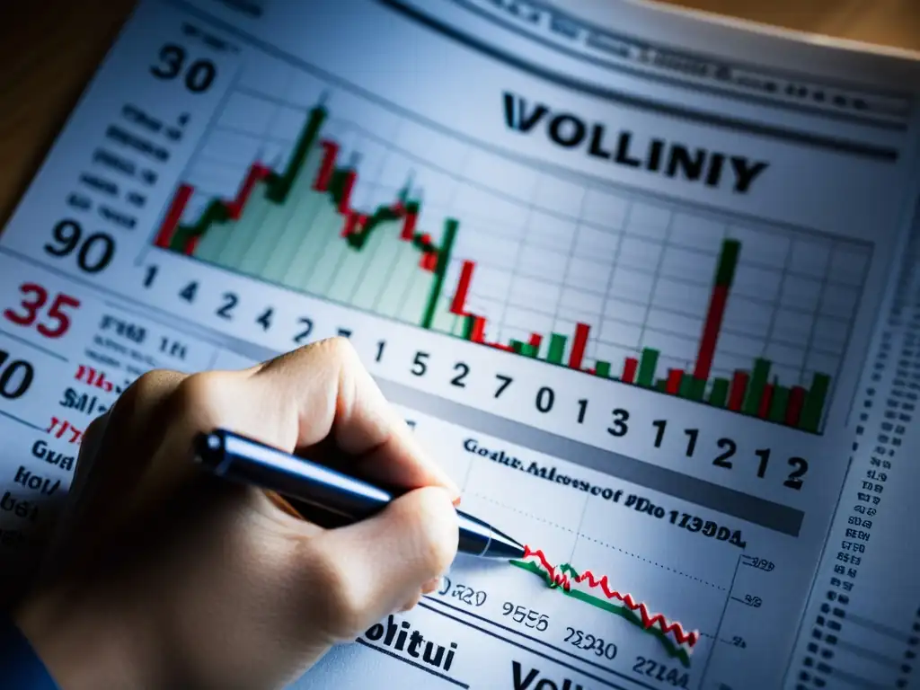 Inversión reflexiva: Decisiones bajo volatilidad Una mano sostiene un bolígrafo y marca gráficos financieros en un periódico