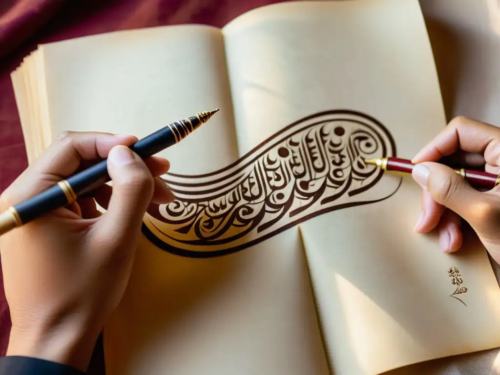 Mano del calígrafo Sufi con significado espiritual arte caligrafía Sufi, henna y papel pergamino