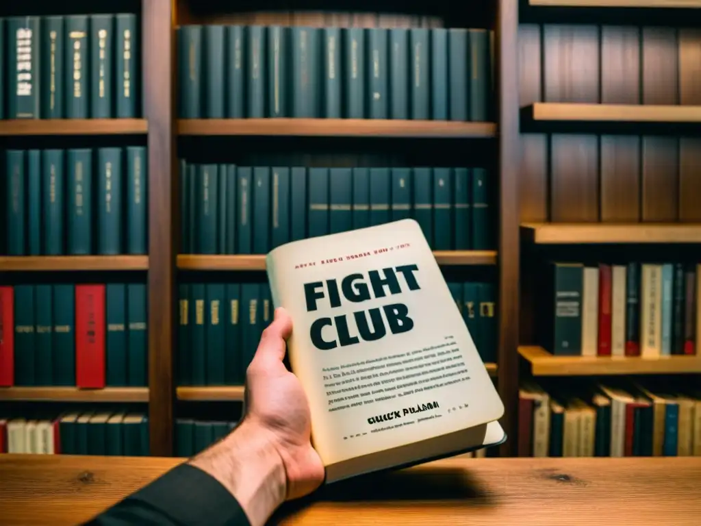 Mano sosteniendo 'Fight Club' de Chuck Palahniuk con notas y páginas dobladas en una atmósfera contemplativa