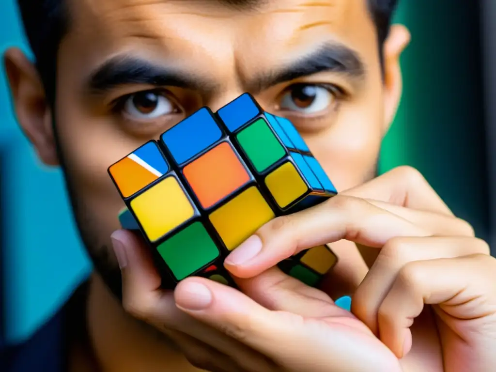 Mano sosteniendo un cubo de Rubik, reflejándose en ojos concentrados y determinados