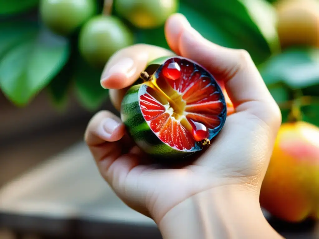 Una mano sostiene con delicadeza una fruta fresca y vibrante, lista para ser disfrutada con impacto de la alimentación consciente