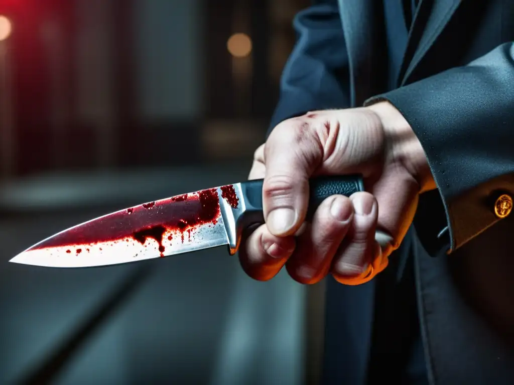 Mano de detective sosteniendo un cuchillo ensangrentado, con mirada determinada en escena de crimen tenue