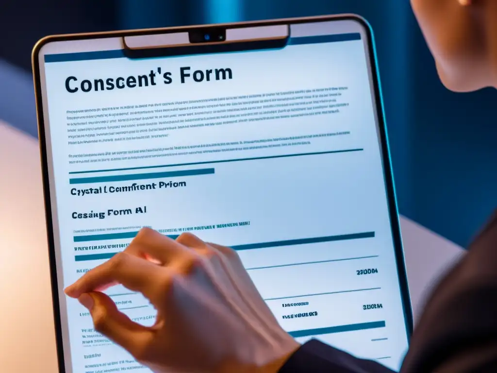 Mano dudosa sobre formulario de consentimiento, con interfaz de inteligencia artificial futurista en segundo plano