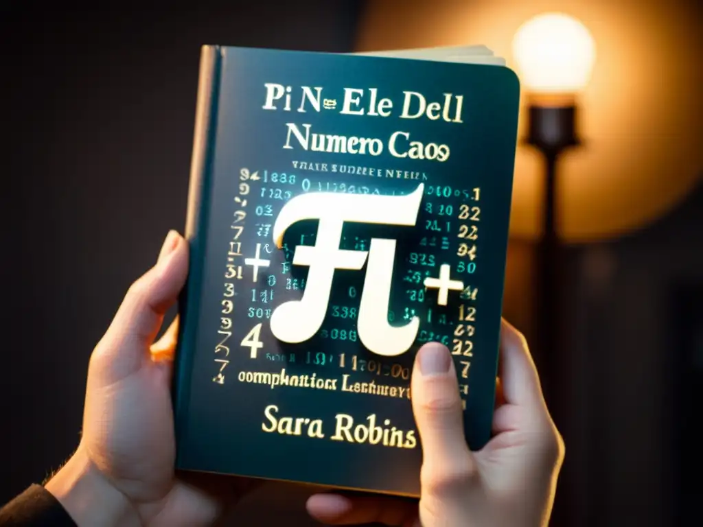 Una mano sostiene un ejemplar de 'Pi: El Número del Caos' de Sara Robbins, con fórmulas matemáticas en las páginas