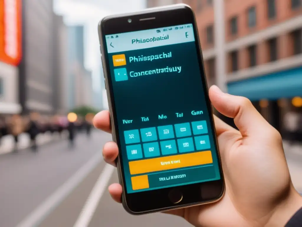 Mano enfocada en pantalla de juego filosófico en móvil en entorno urbano, resaltando retos filosóficos juegos lógica móviles