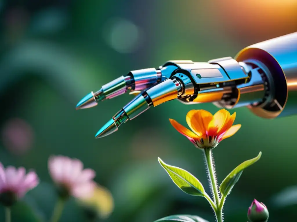 Mano robótica alcanza flor, resaltando la coexistencia de la IA y la naturaleza