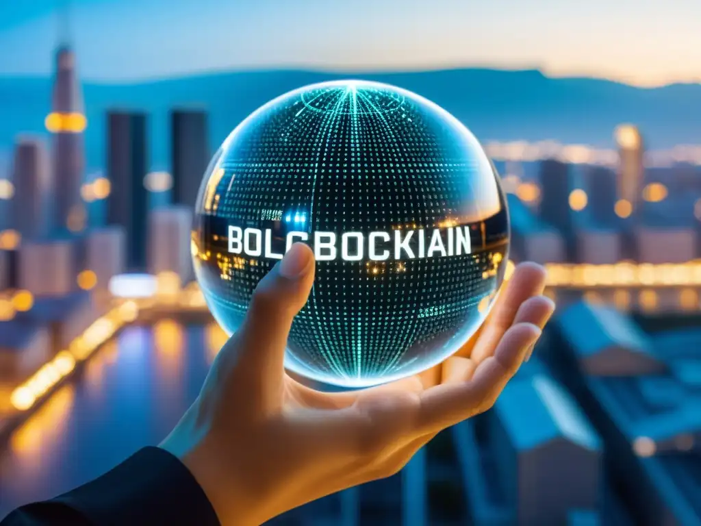 Una mano sostiene un globo de cristal con código digital, reflejando una red blockchain, en una ciudad moderna