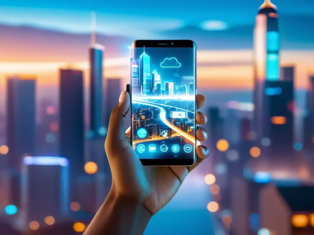 Una mano humana con mejoras cibernéticas sostiene un teléfono transparente con pantalla holográfica, mostrando símbolos digitales futuristas