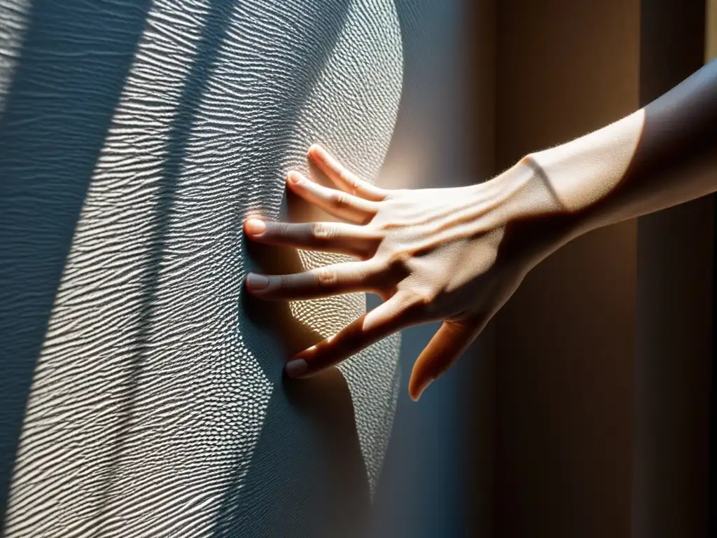 Una mano humana en primer plano, tocando una superficie texturizada, resaltando la percepción corporal en la fenomenología