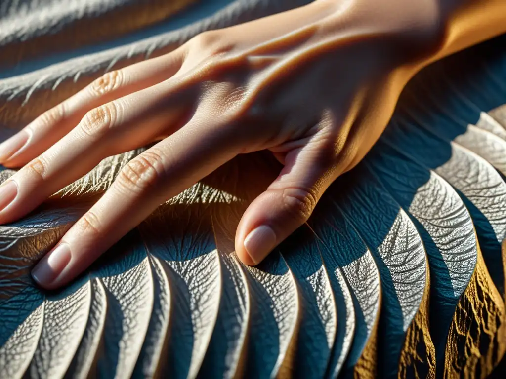 Una mano humana en primer plano, tocando suavemente una superficie texturizada, destaca la complejidad de la percepción corporal