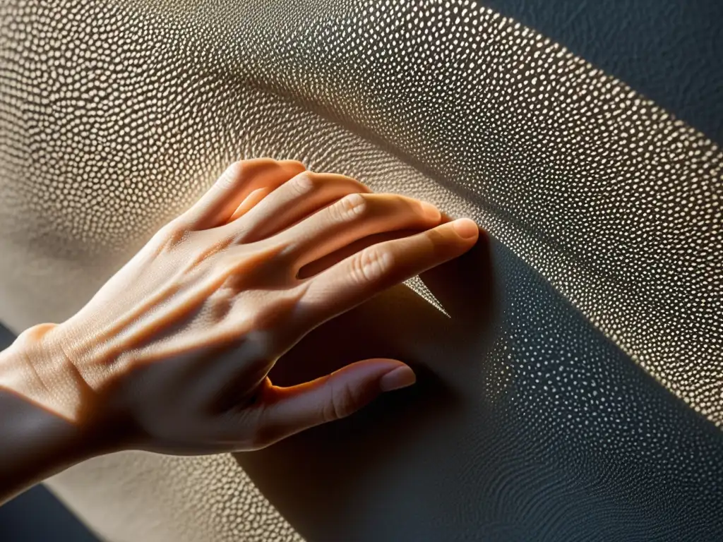 Una mano humana en primer plano tocando una superficie texturizada, transmitiendo la percepción existencialista de Merleau-Ponty