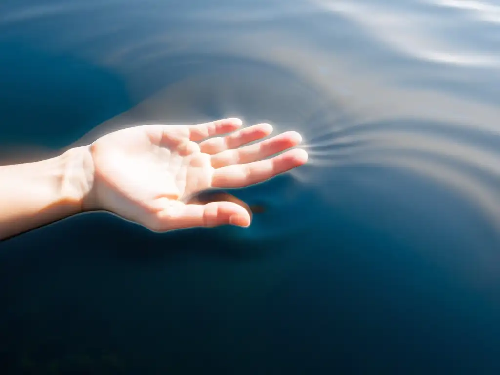 Una mano humana alcanza una superficie acuosa en un reflejo distorsionado