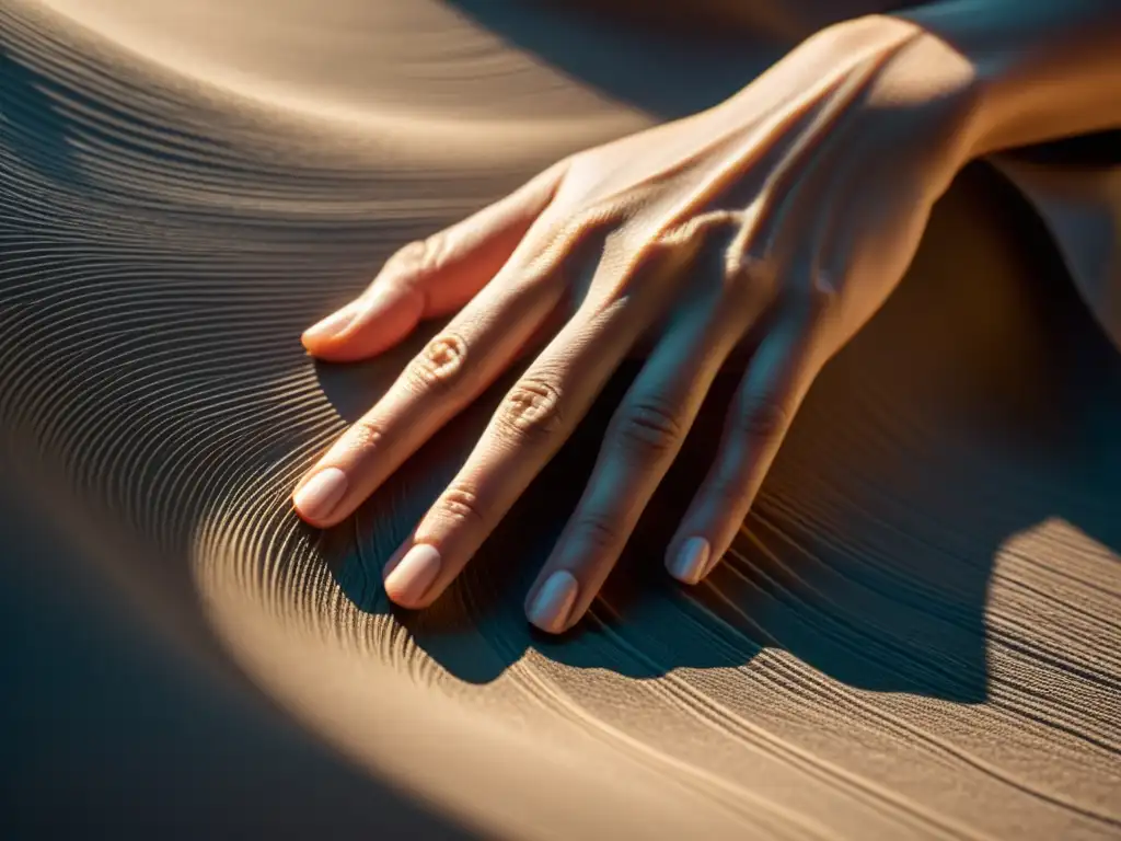 Una mano humana toca suavemente una superficie texturizada, resaltando la conexión táctil y la interacción sensorial