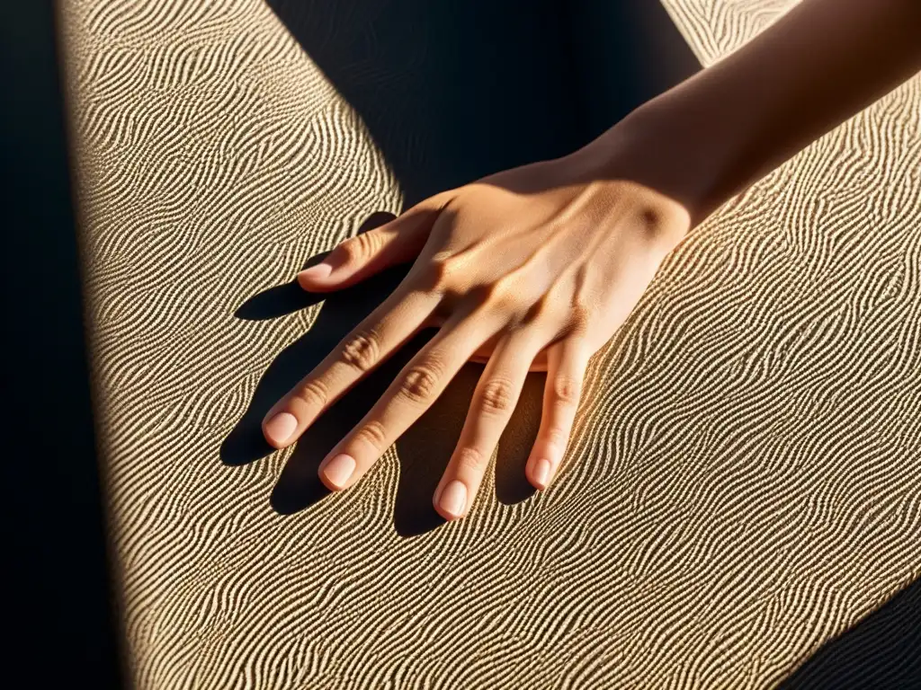 Una mano humana se extiende hacia una superficie texturizada, capturando detalles y conexión con la percepción existencialista de Merleau-Ponty