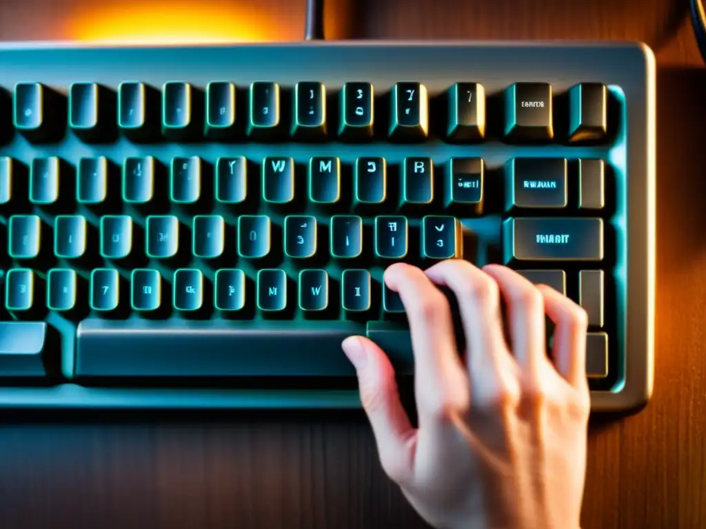 Una mano humana escribe en un teclado mecánico vintage, con una atmósfera cálida de conocimiento atemporal