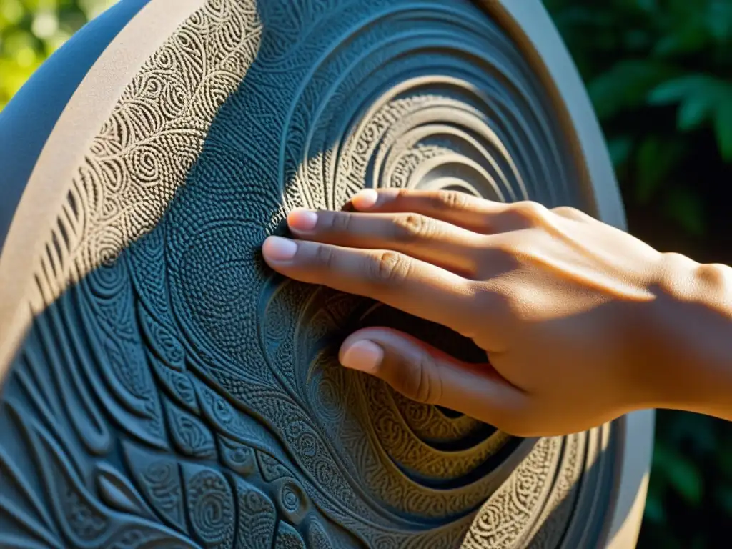 Una mano humana delicadamente explorando la textura de una escultura de piedra, evocando la percepción corporal en la fenomenología