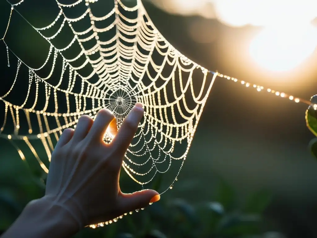 Una mano se extiende hacia una intrincada y delicada tela de araña con gotas de rocío, bajo la cálida luz del amanecer