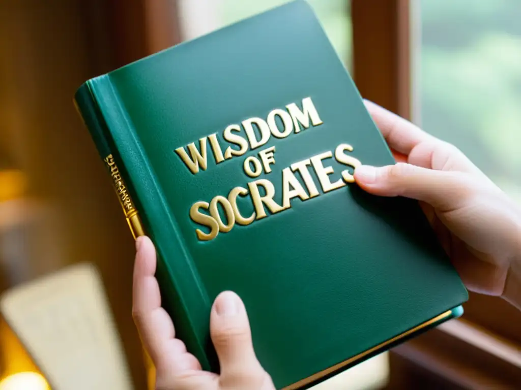 Mano sosteniendo libro de cuero antiguo titulado 'La Sabiduría de Sócrates' con luz cálida